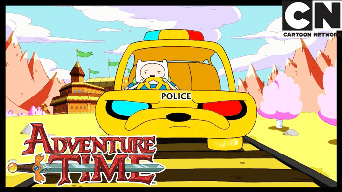 Finn montado en su amigo perro que cambia de formas