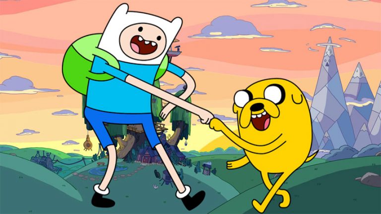 Finn y Jake chocando su mano y pata de hora de aventura